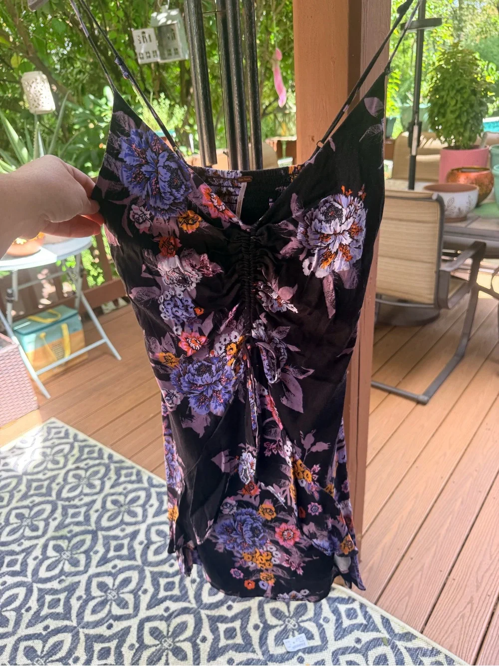 Free People Floral V-Neck Mini Dress in Black and Lavender